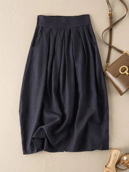 Pure Color Pleated Casual Linen Skirt