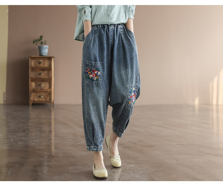 Pocket Embroidery High Waist Literary Retro Nine-point Harem Pants