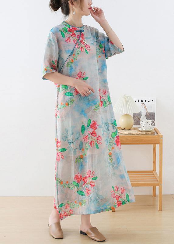 Casual Blue Print Oriental Dresses Summer Ramie