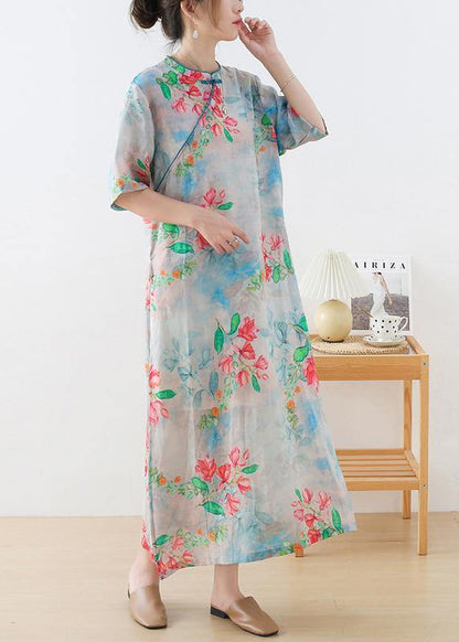 Casual Blue Print Oriental Dresses Summer Ramie