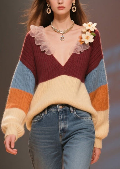 Women Colorblock V Neck Floral Knit Short Sweater Winter
