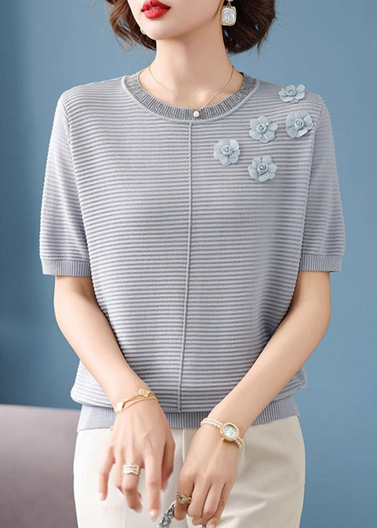 French Grey Striped Floral Ice Silk Top Short Sleeve