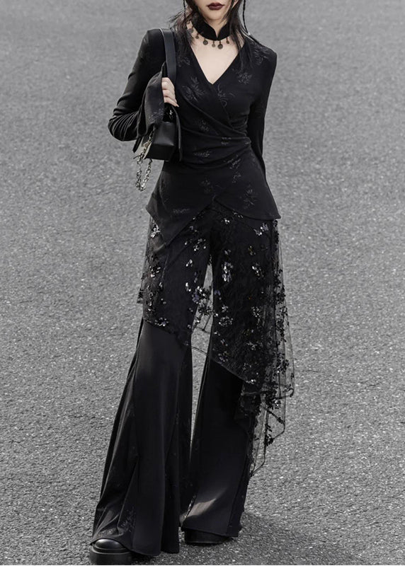 Fashion Black V Neck Patchwork Tulle Silm Fit Women Sets 2 Pieces Spring