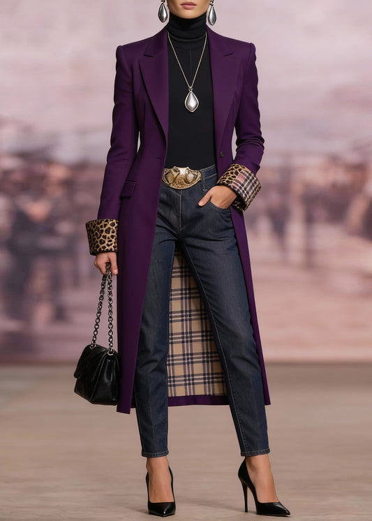 French Purple Peter Pan Collar Pockets Long Trench Coat Spring