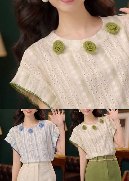 Art Blue Floral Hollow Out Cotton T Shirt Summer