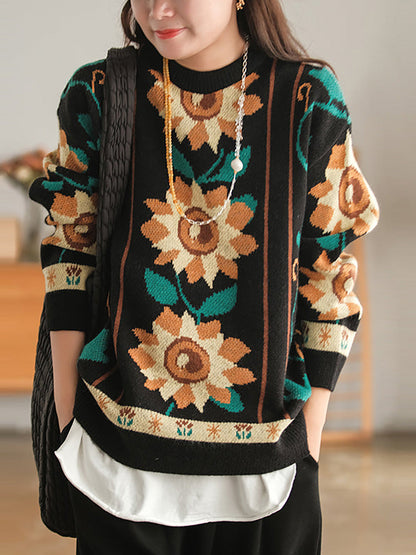 Women Floral Knitted O Neck Long Sleeve Sweater