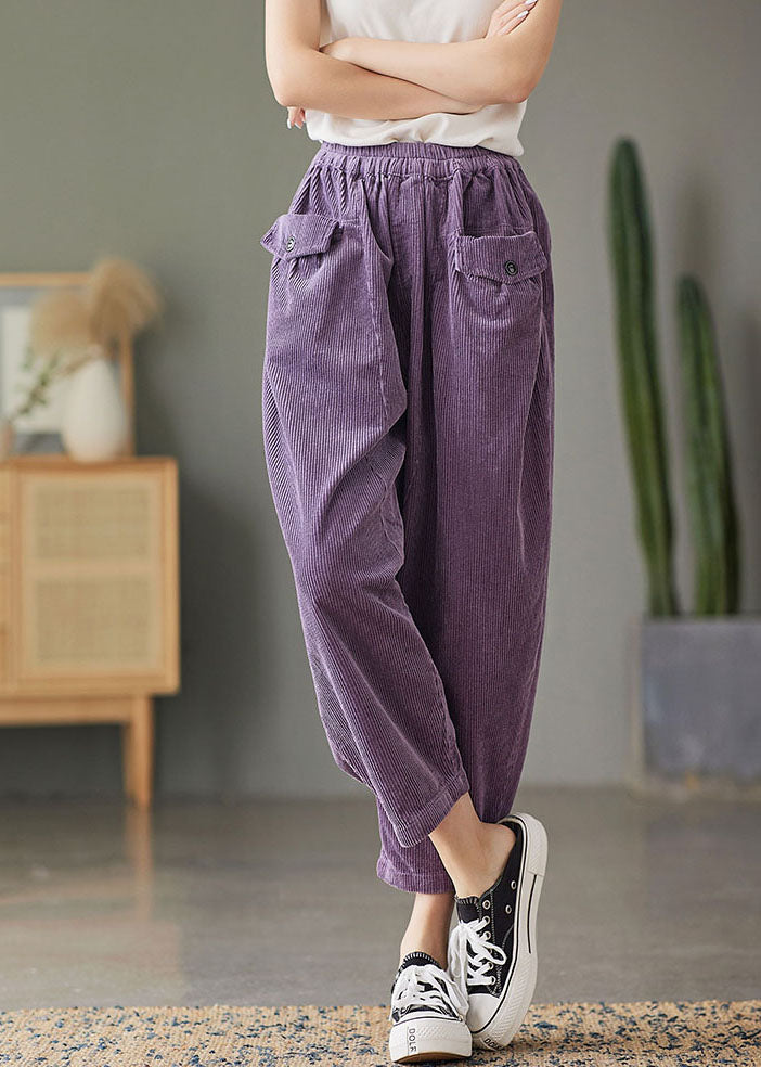 Plus Size Purple elastic waist Pockets Corduroy Pants