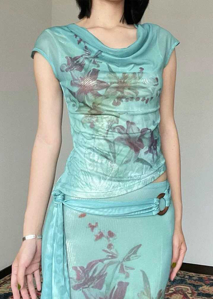 Slim Fit Green Print Tulle Top And Maxi Skirts Two Pieces Set Sleeve