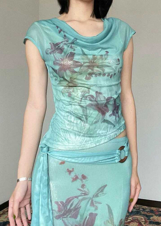 Slim Fit Green Print Tulle Top And Maxi Skirts Two Pieces Set Sleeve