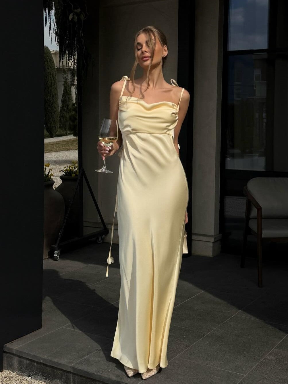 Satin Cowl-Back Open-Back Dress with 3D Flower Straps