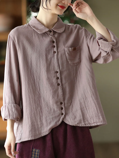 Women Spring Vintage Solid Button Pocket T-shirt