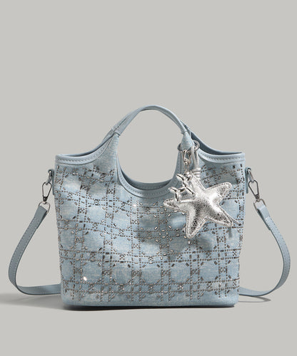 Boutique Denim Blue Rhinestone Star Decorated Cotton Tote Handbag