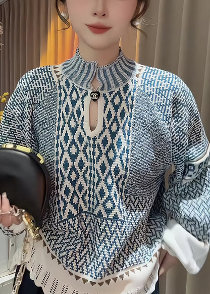 Elegant Blue Stand Collar Print Knit Sweater Fall