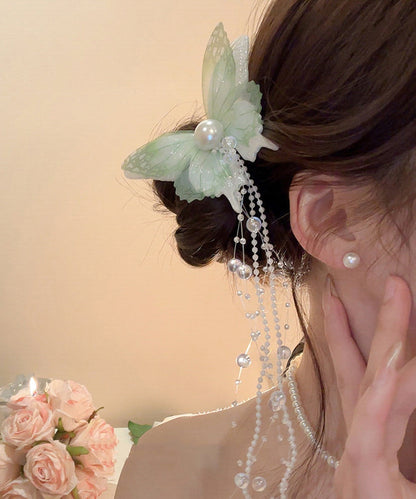 Style Pink Acrylic Pearl Beads Tulle Butterfly Tassel Hairpin