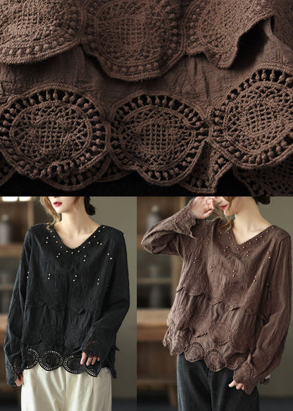Plus Size Coffee Casual Embroideried Hollow Out Fall Long sleeve Shirt Tops