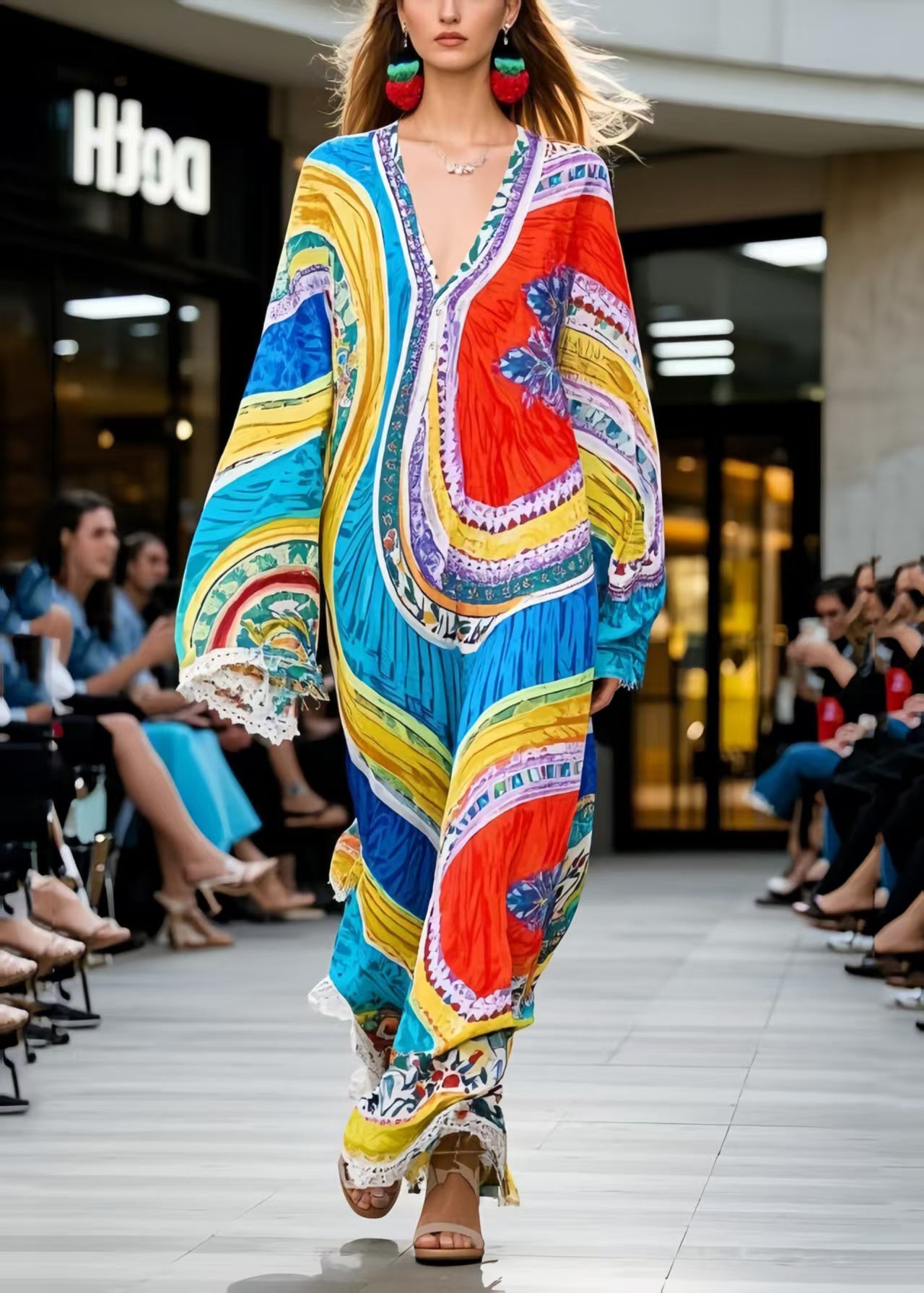 DIY Colorblock Oversized Print Chiffon Maxi Dress Spring