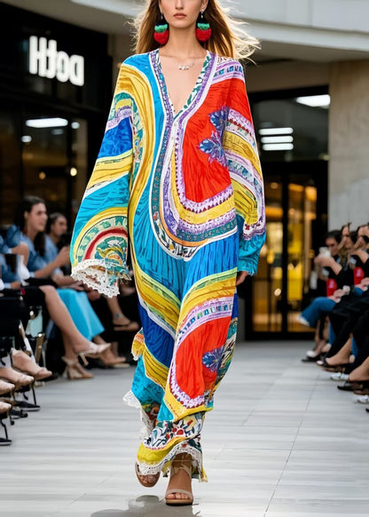 DIY Colorblock Oversized Print Chiffon Maxi Dress Spring