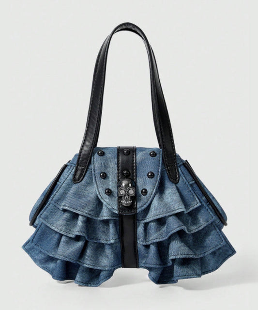 Fashion Blue Ruffles Patchwork Denim Nail Bead Shoulder Bags