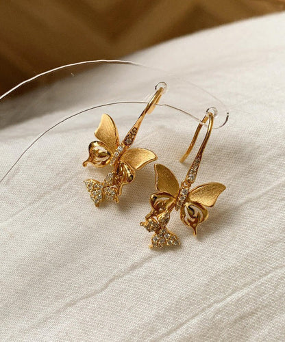 Vintage Gold Sterling Silver Overgild Zircon Butterfly Drop Earrings
