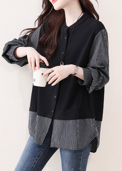 DIY Black Striped Patchwork Cotton Fake Two Piece Tops Fall