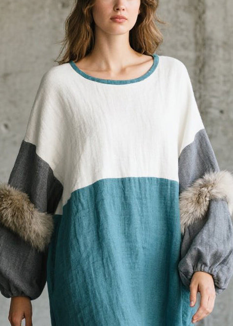 Chic Colorblock Oversized Patchwork Faux Fur Ankle Dress Fall