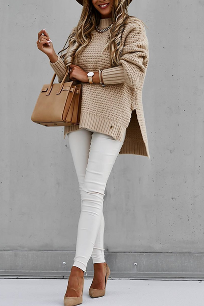 Round Neck Side Slit Casual Sweater