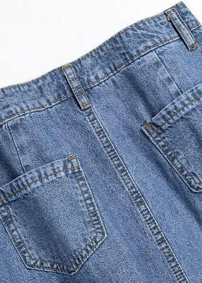 Stylish Denim Blue Asymmetrical Patchwork Print Button Pockets Maxi Skirt Cozy