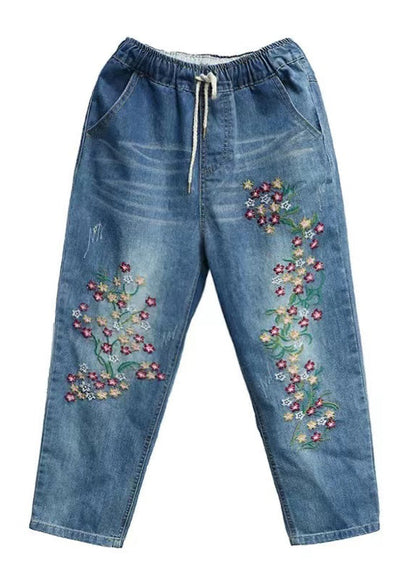 Boho Blue Embroidered Denim Crop Pants Summer
