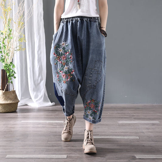 Denim Floral Pocket Low Drop Crotch Embroidered Jeans