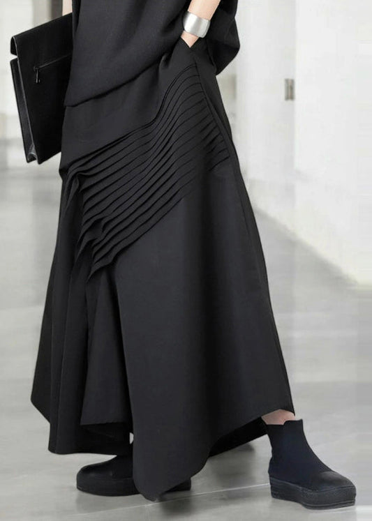 Bohemian Black Asymmetrical Wrinkled Cotton Skirt Fall