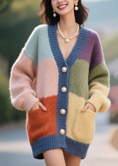Plus Size Colorblock Button Pockets Patchwork Knit Cardigan Fall