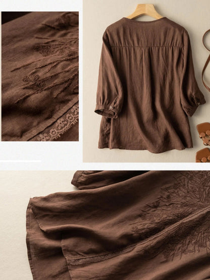 Embroidered V Neck 3/4 Sleeve Casual Linen Tee Top