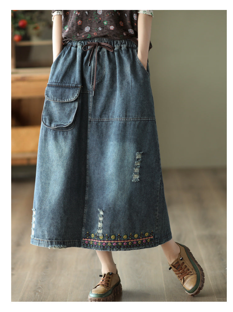 Vintage Embroidered Ripped Denim Slim A-Line Skirt