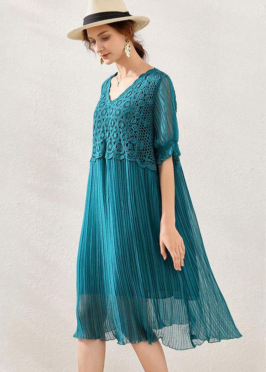 Women Peacock blue Chiffon A Line Spring Long Dresses Short Sleeve