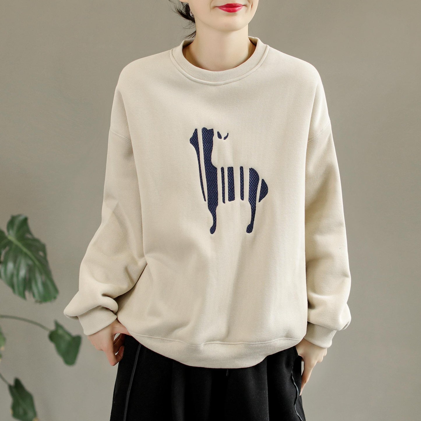 Winter Cotton Furred Fashion Embroidery Loose Sweater