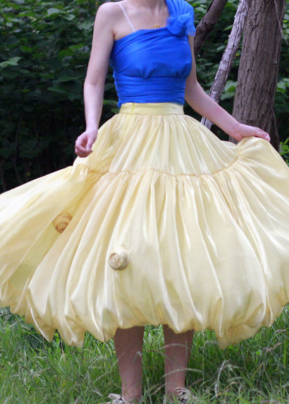 Yellow Zippered Solid Silk Skirts High Waist Summer
