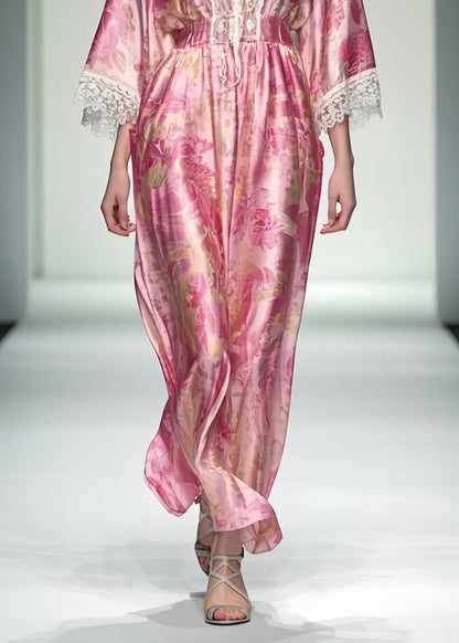Women Pink Print Patchwork Lace Robe Dresses Summer