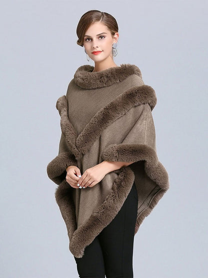Women Coat Cape Peacoat Faux Fur Collar Poncho