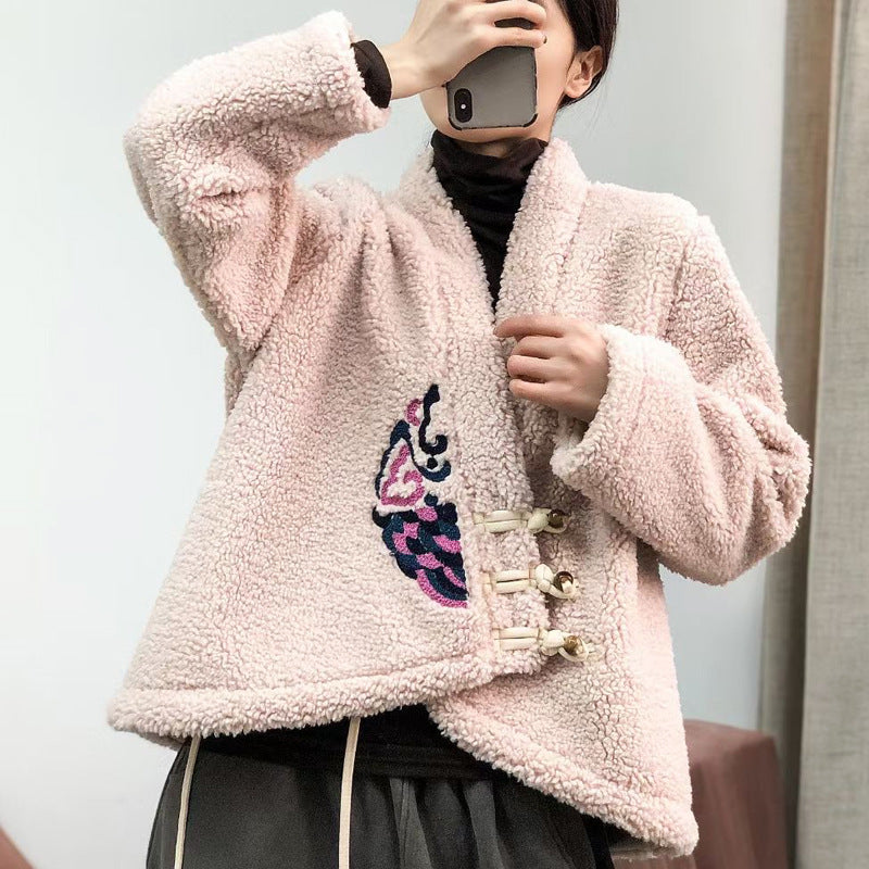 Ethnic Embroidered V-Neck Sherpa Wool Jacket
