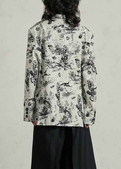 Boho White V Neck Pockets Print Coat Fall