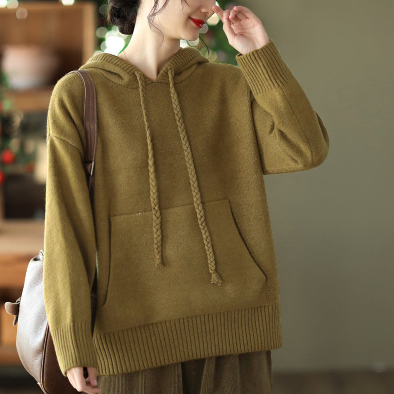 Thick Twist Drawstring Hooded Knit Sweater