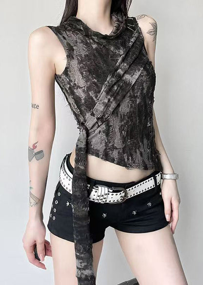 Vintage Black Hooded Original Design Cotton Tank Sleeveless