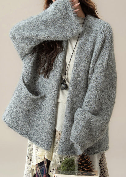 Loose Grey V Neck Pockets Solid Knit Cardigans Spring