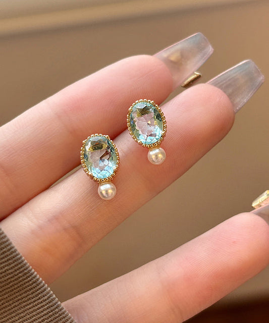 Simple Gold Sterling Silver Overgild Pearl Zircon Stud Earrings