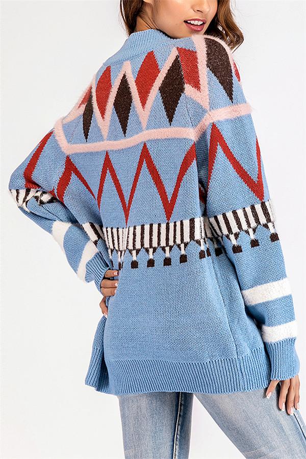 Geometric V Neck Loose Cardigan
