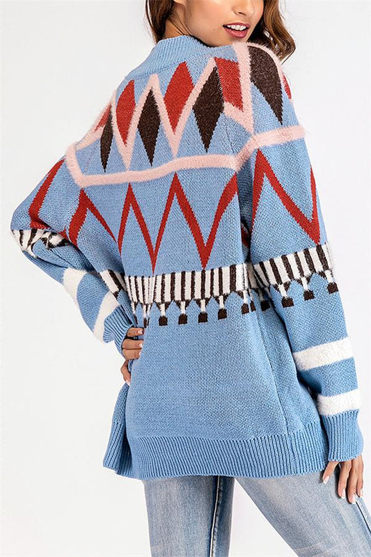 Geometric V Neck Loose Cardigan