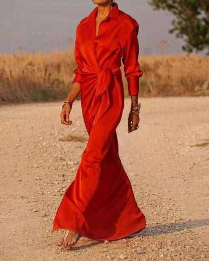 Chic Red Peter Pan Collar Tie Waist Silk Long Dress Spring