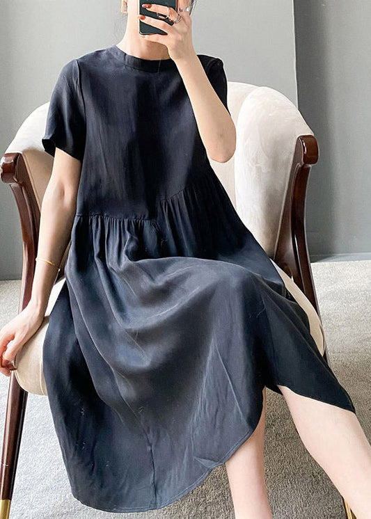 Brief Beige O-Neck Patchwork Linen Dress Short Sleeve