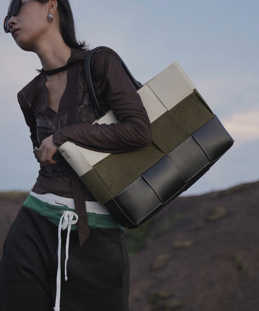 Classy Khaki Large Capacity Calf Leather Shoulder Bag