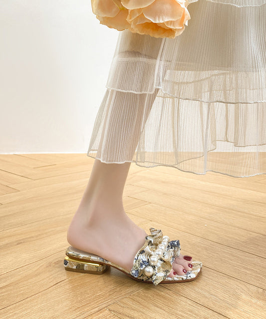 Fashion Ruffled Pearl Chunky Slide Sandals Peep Toe